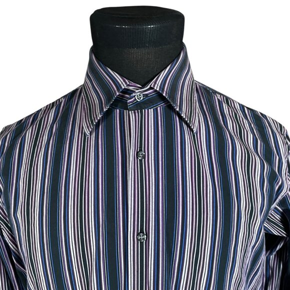 Boss Hugo Boss Men's Black Purple Striped Long Sleeve Button Front Shirt Size 16 - Picture 3 of 9